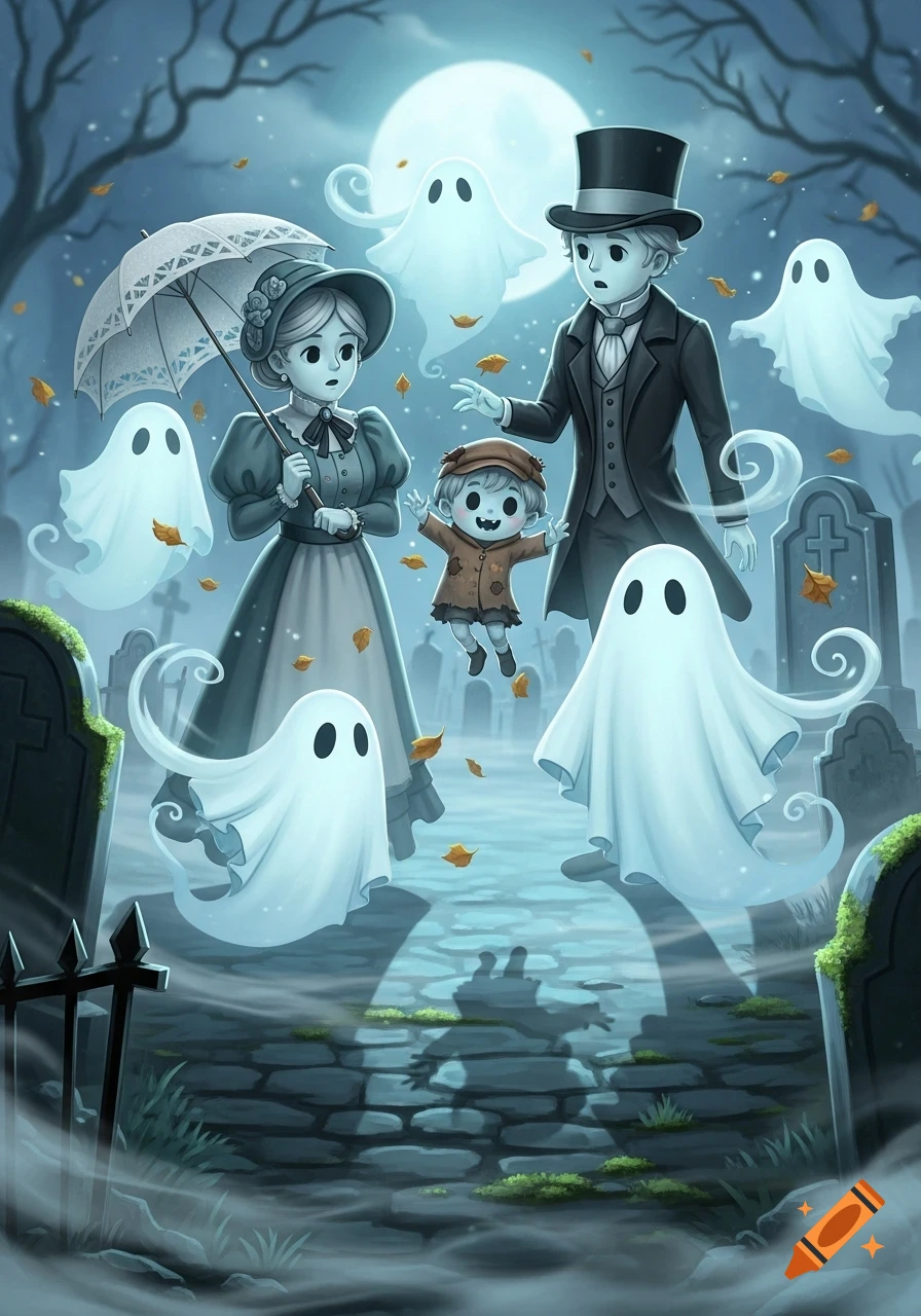 A whimsical cartoon ghost family, with a mother, father, and floating child, stand in a misty graveyard surrounded by sheet ghosts under a full moon.