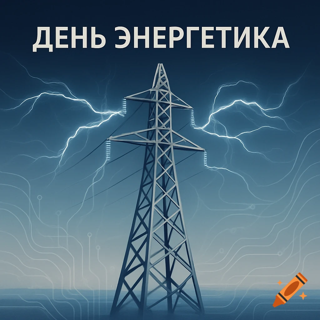 A power line tower under a blue sky with lightning and circuit board patterns. Russian text " D E N E N E R G E T I K A " is at the top.