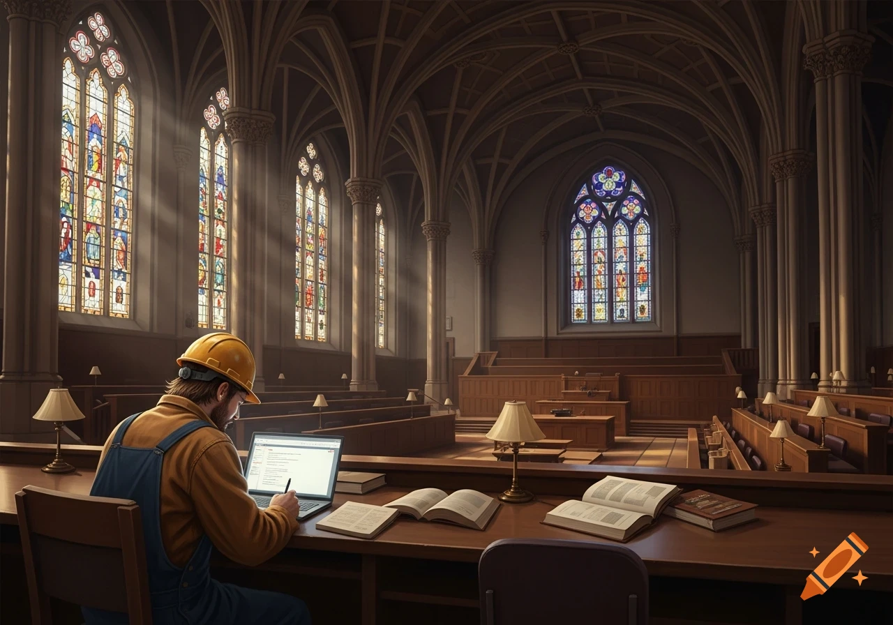 A person in a hard hat and overalls works on a laptop at a desk inside a grand hall with gothic architecture and stained glass windows.
