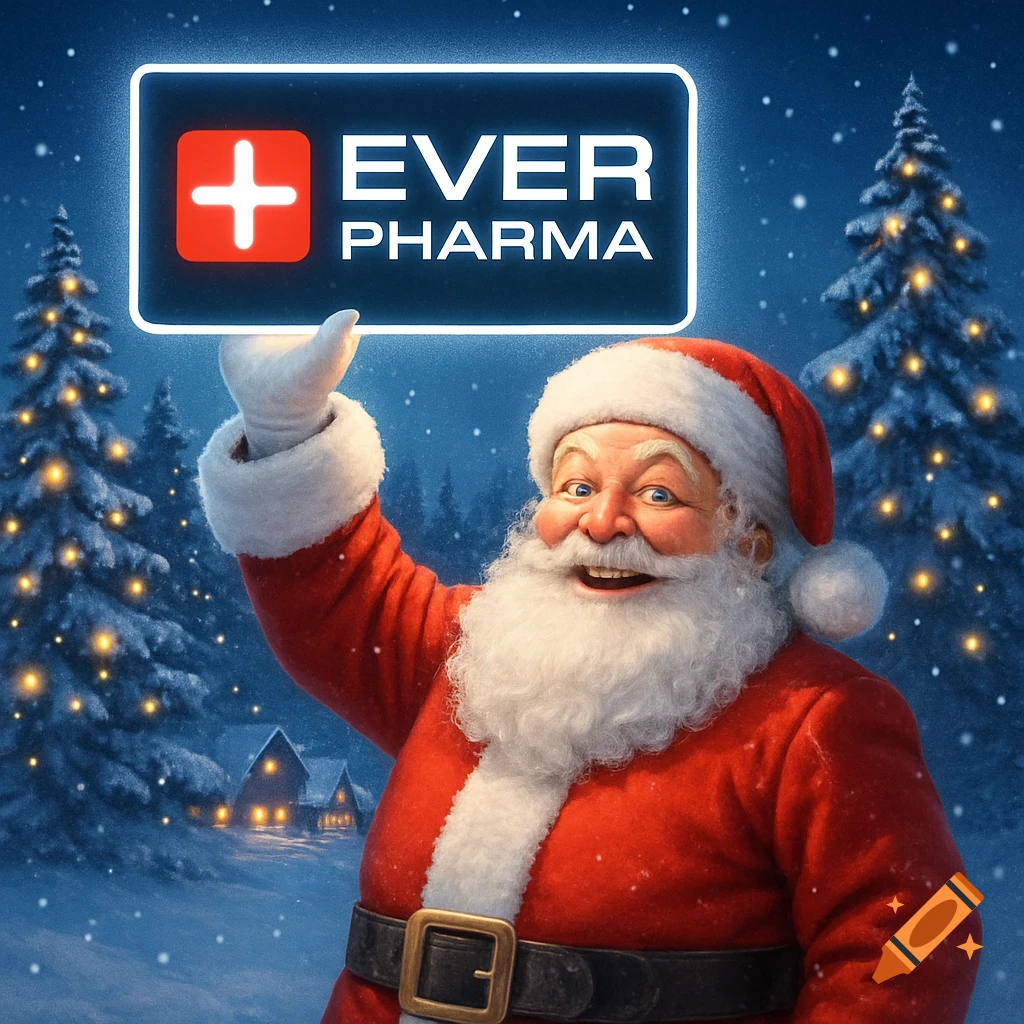 Santa Claus holds a glowing 'EVER PHARMA' sign in a snowy winter forest with illuminated cabins and Christmas trees.