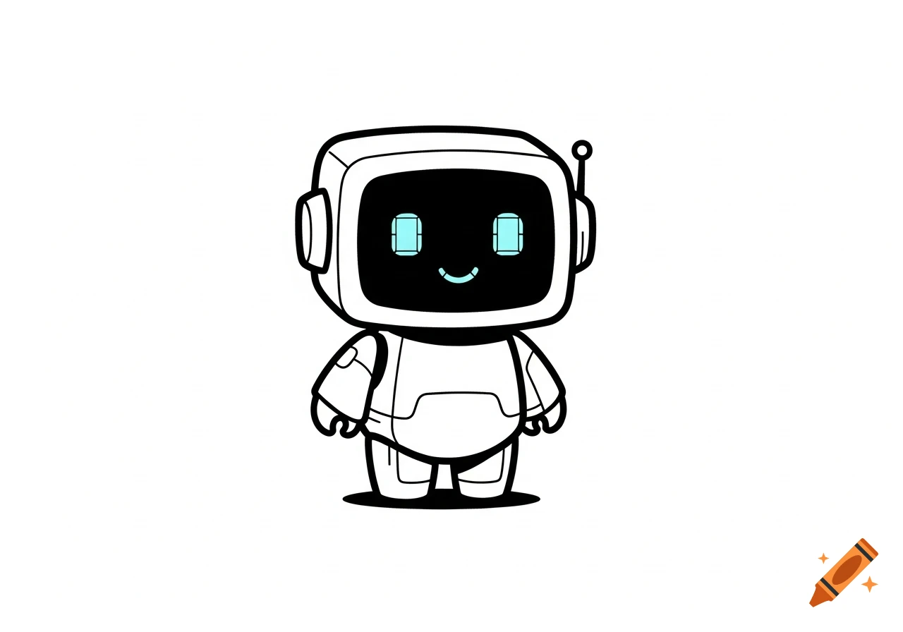A cute, minimalist, cube-style robot illustration with a square head, screen eyes, and a curved smile on a white background.