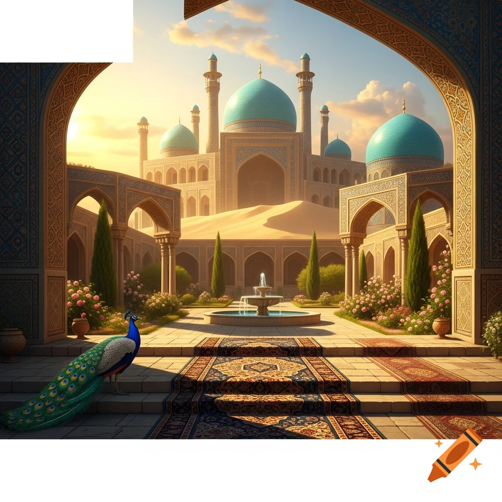 A peacock in an ornate Persian courtyard with a fountain, leading to a large mosque with blue domes and minarets at sunset.