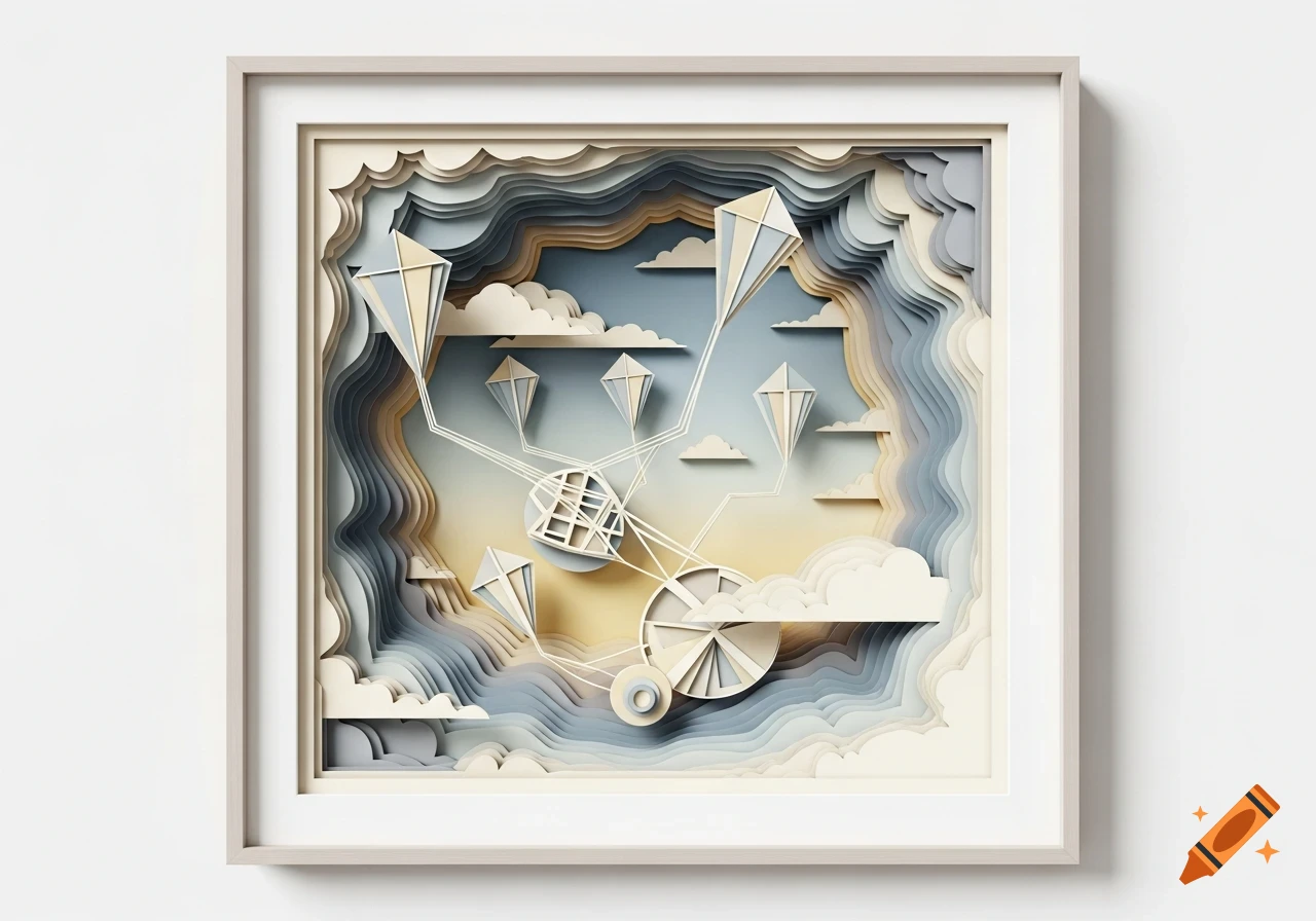 A framed layered paper cut collage depicts kites and clouds in an abstract, soft-colored sky with rolling hills.