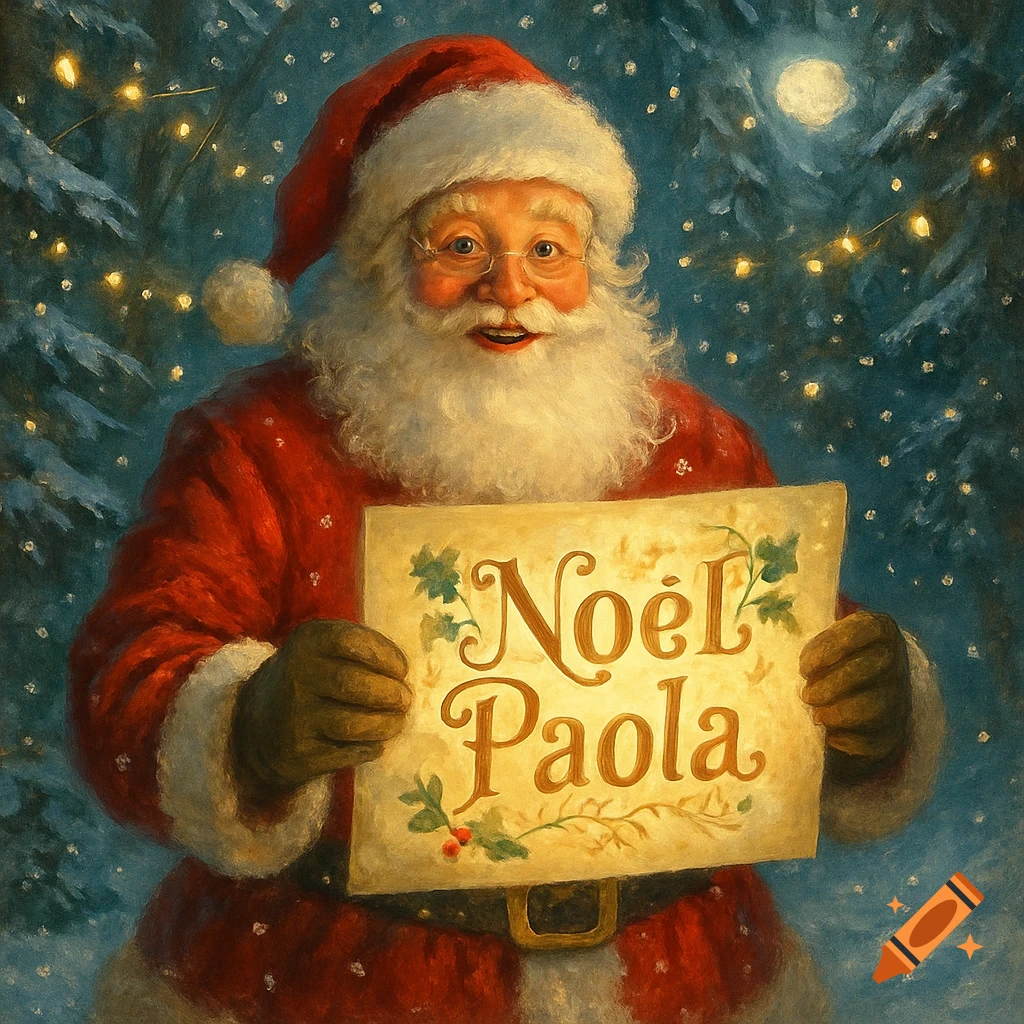 A painting of Santa Claus smiling and holding a sign that says 'Noël Paola' in a snowy, night forest with string lights.