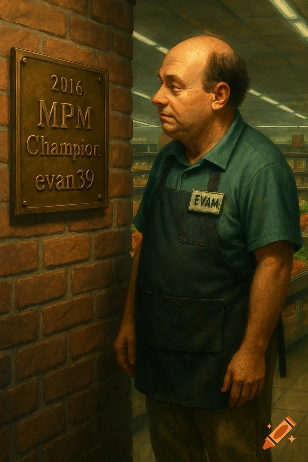 A balding male grocery clerk in a teal shirt and apron looks at a bronze plaque on a brick wall, reading "2016 MPM Champion evan39".