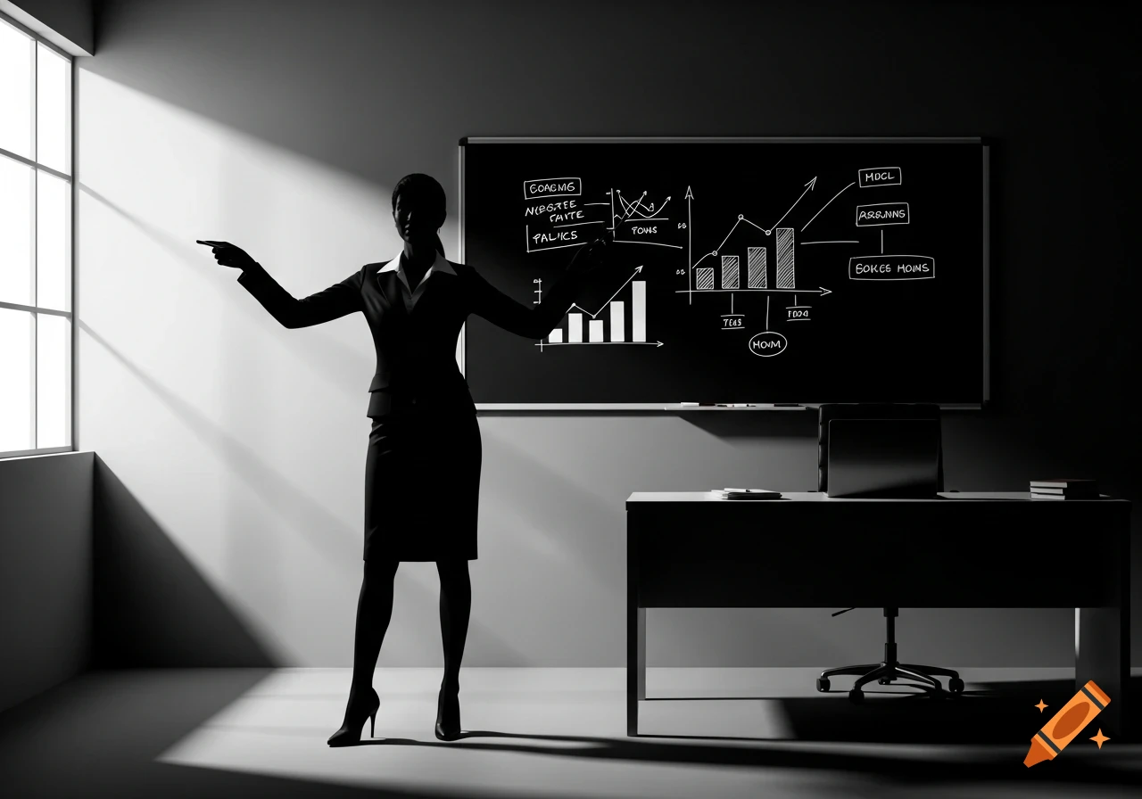 A silhouetted business woman presents data on a whiteboard in a darkly lit office, pointing towards a window.
