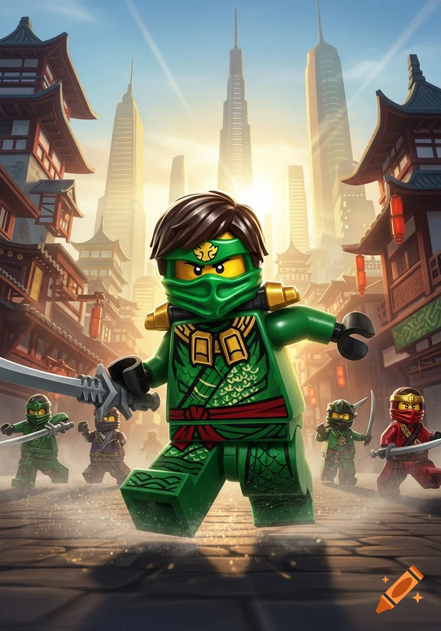 3D rendered image of Lego Ninjago green ninja Lloyd in the foreground, wielding a sword, with other ninjas and a city background.