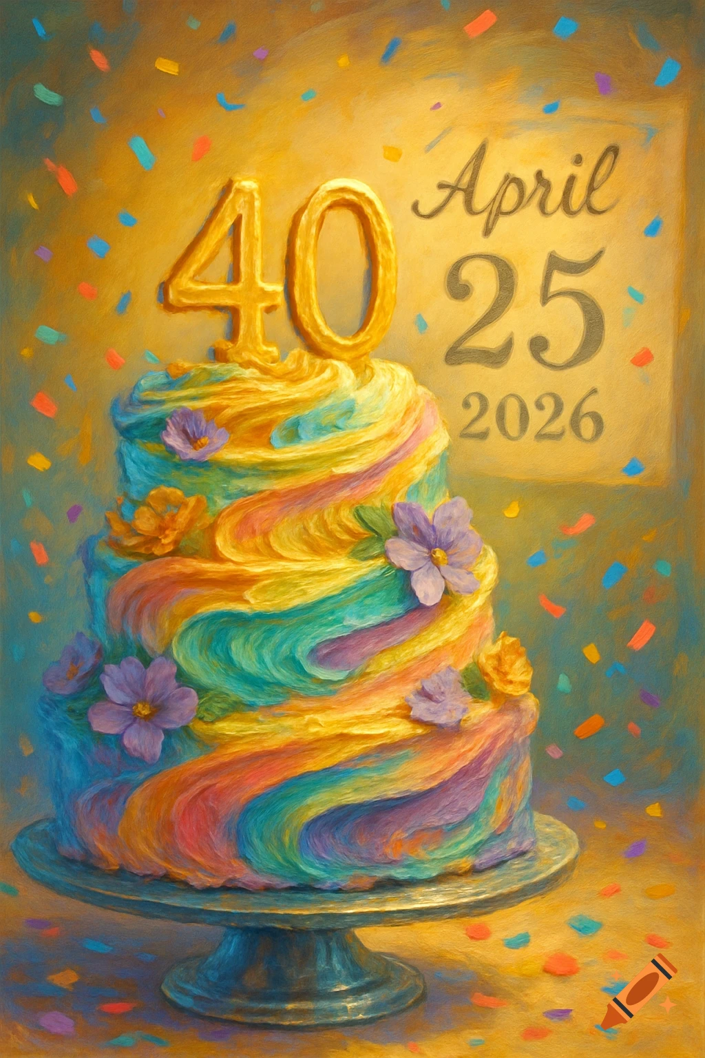 Painterly rainbow birthday cake with '40' and 'April 25 2026' text, decorated with flowers and confetti.