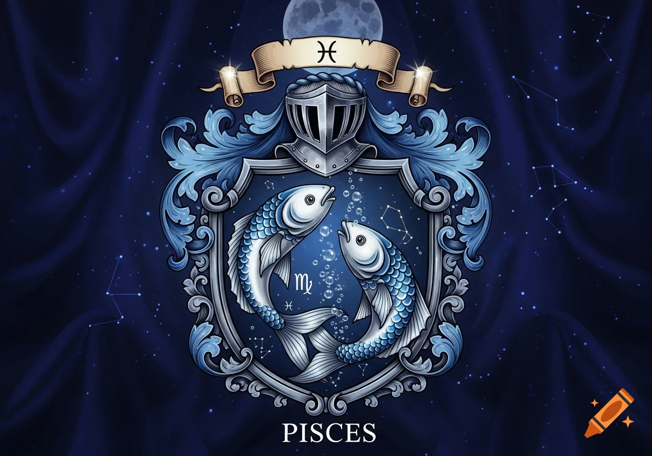 A stylized Pisces coat of arms featuring two silver-blue fish within an ornate shield, topped by a knight's helmet and a banner with the Pisces symbol, against a starry night sky with a full moon.