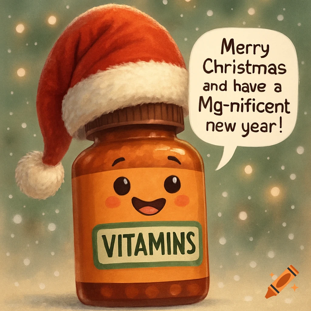 A happy cartoon vitamin bottle wearing a Santa hat, with a speech bubble saying, "Merry Christmas and have a Mg-nificent new year!"