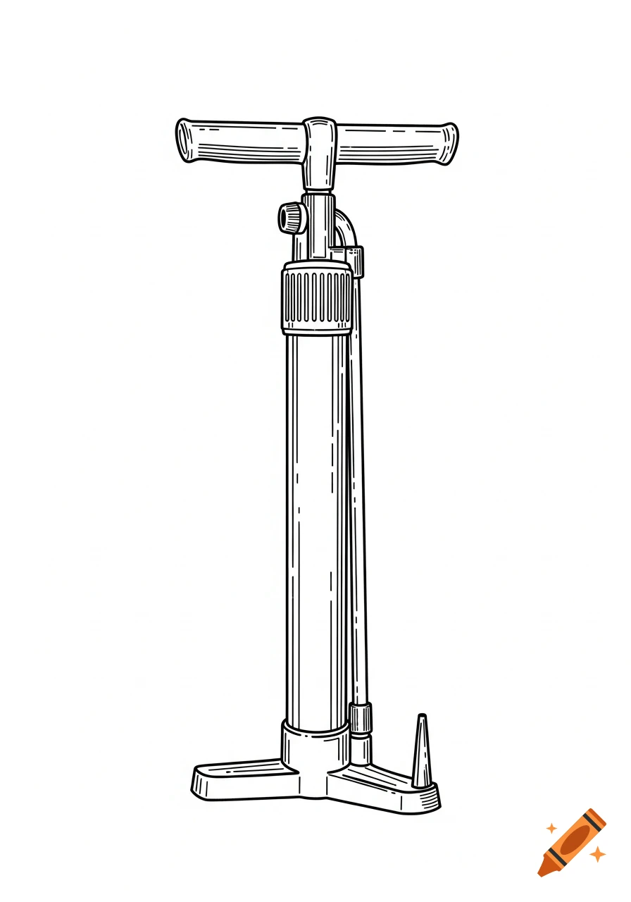 A black and white line art drawing of a vintage bicycle pump with a T-handle and foot pedals on a white background.