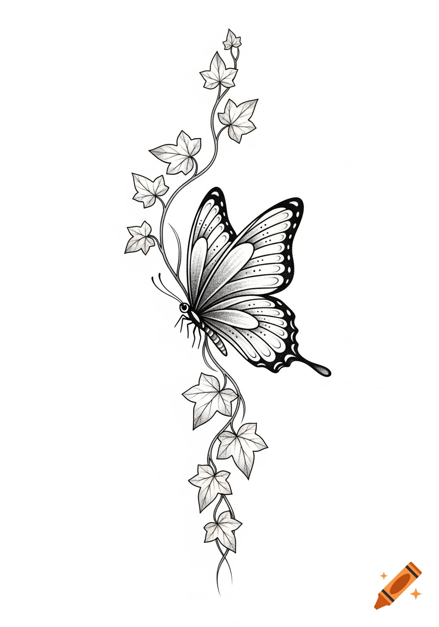 A black and white tattoo-style drawing of a butterfly perched on a winding ivy vine.