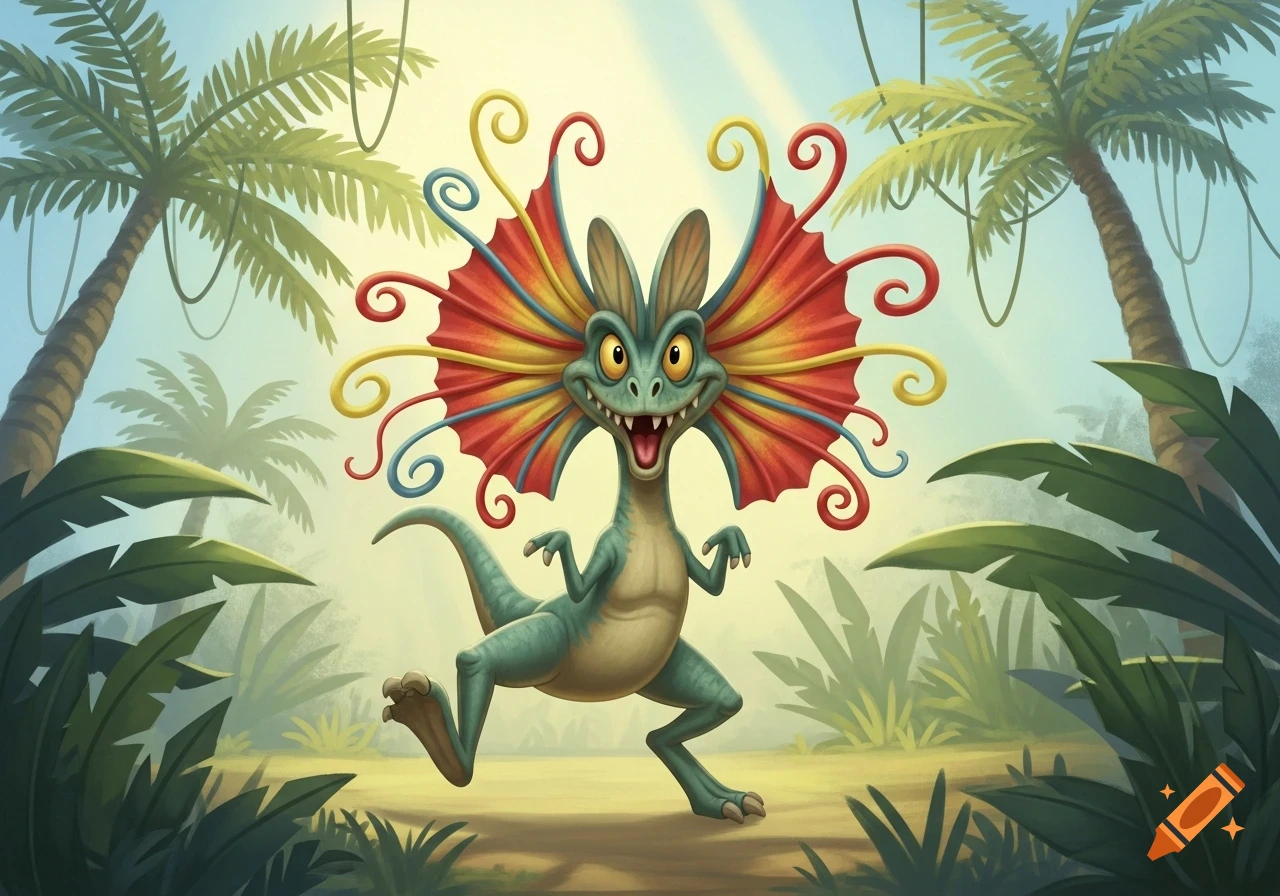 A happy, cartoon dilophosaurus-like creature with a colorful frill runs in a tropical jungle.
