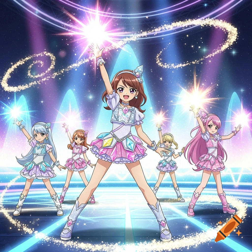 Five anime magical girls in colorful, sparkling outfits pose on a bright stage with light effects.