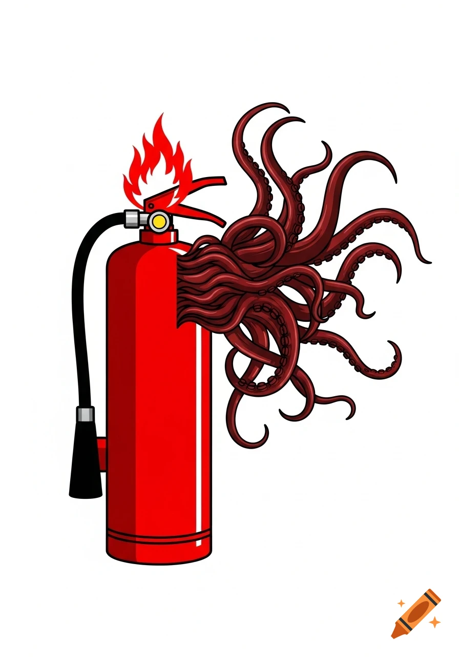 A red fire extinguisher with red flames on its nozzle and dark red Cthulhu-like tentacles emerging from its side, in a clean vector art style.
