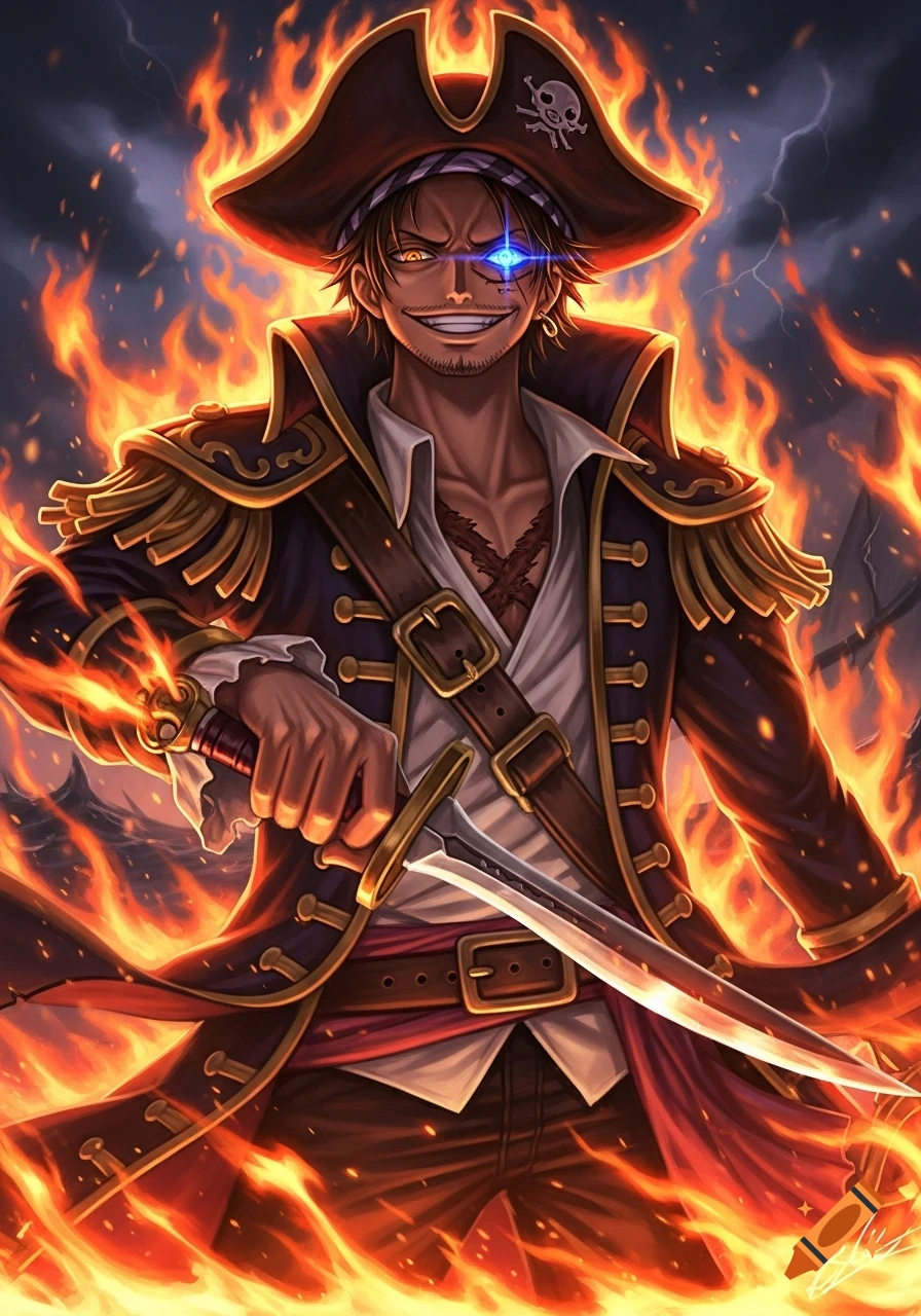 An anime pirate engulfed in flames, with one glowing blue eye, a grin, and holding a sword.