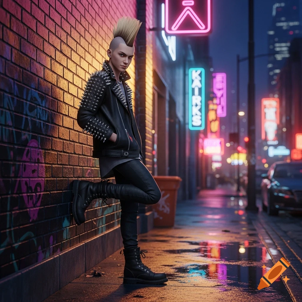 A person with a blonde mohawk and spiked leather jacket leans against a brick wall on a neon-lit city street at night.