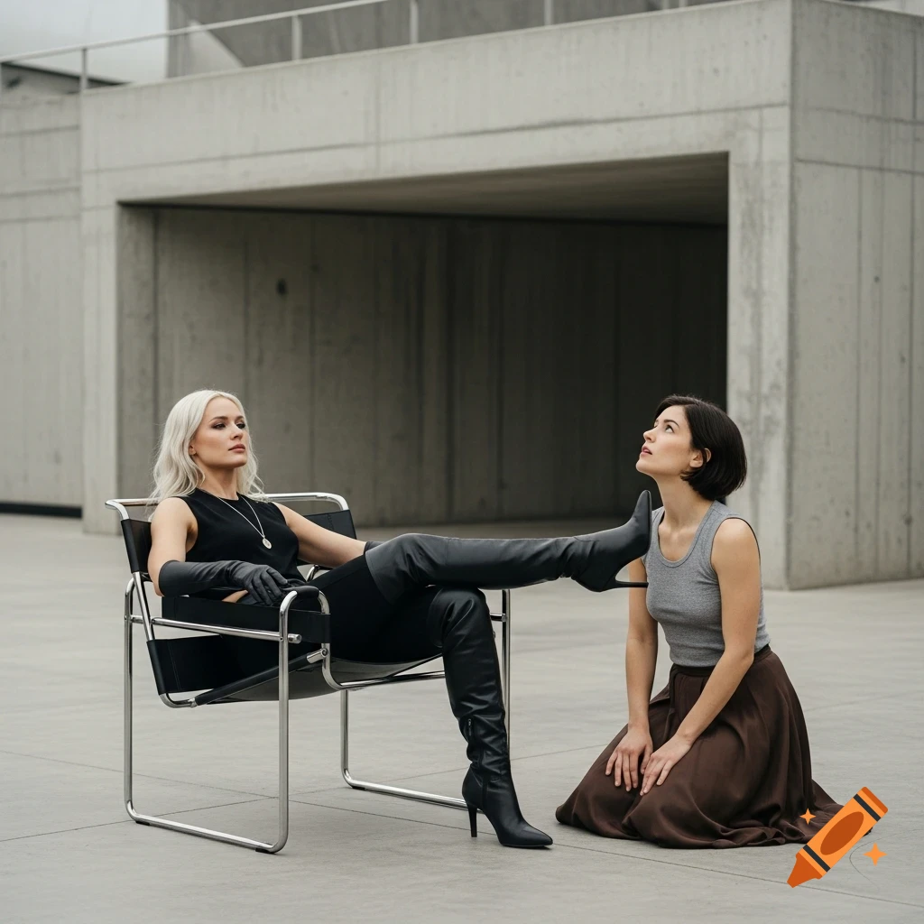 A woman in a black outfit and boots sits in a chair, while another ...