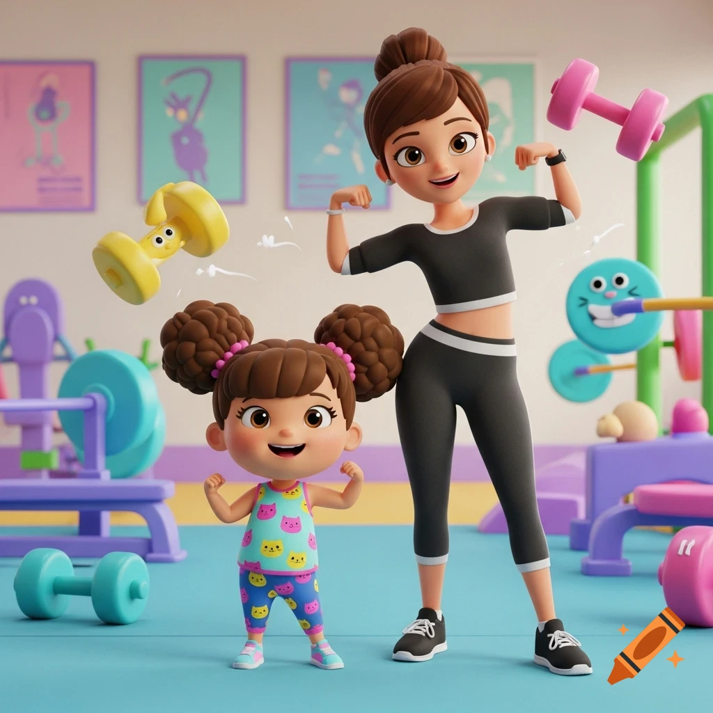 A 3D cartoon mother and daughter in a gym, both flexing their muscles. The mom holds a pink dumbbell, and the child wears a colorful cat-patterned outfit.
