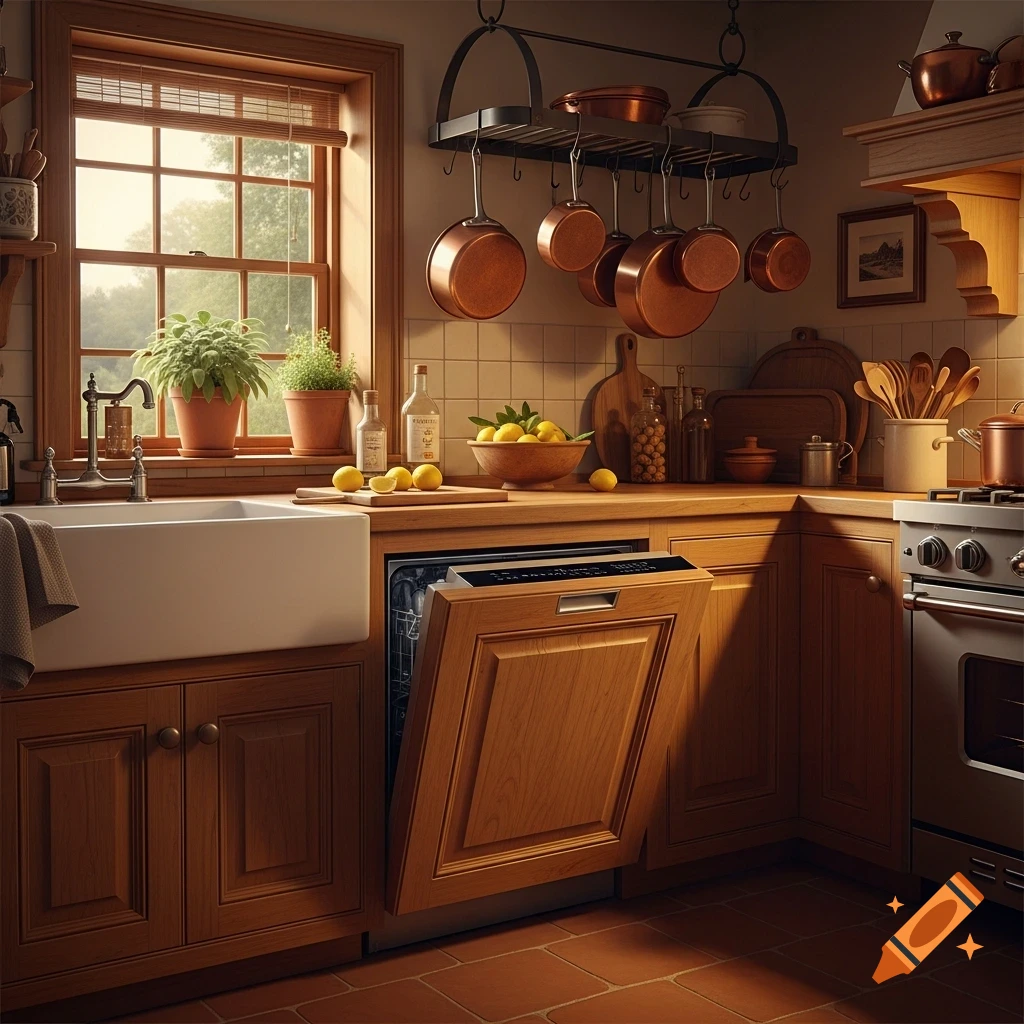 Photorealistic cozy kitchen with wooden cabinets, a sink under a window, and an open dishwasher.