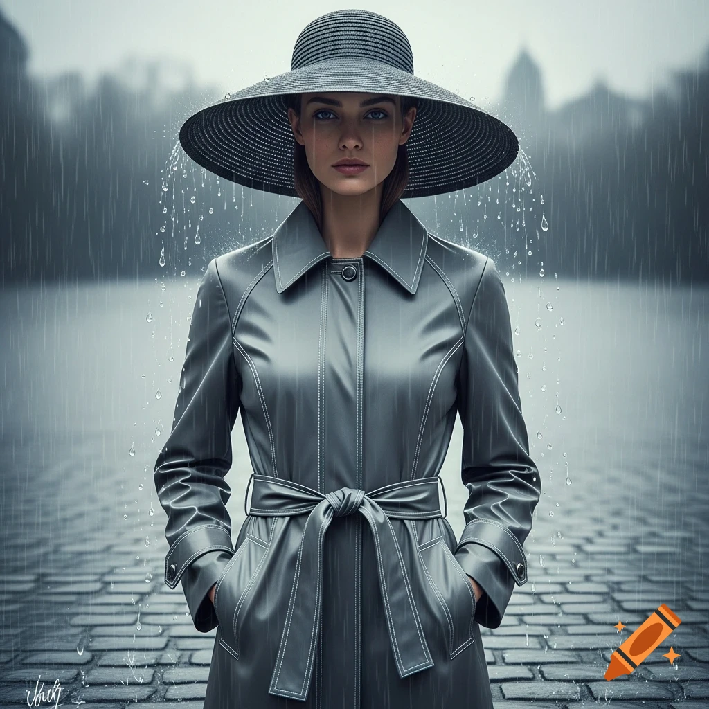 A woman in a stylish grey trench coat and wide-brimmed hat stands in the rain on a cobblestone path, looking forward.