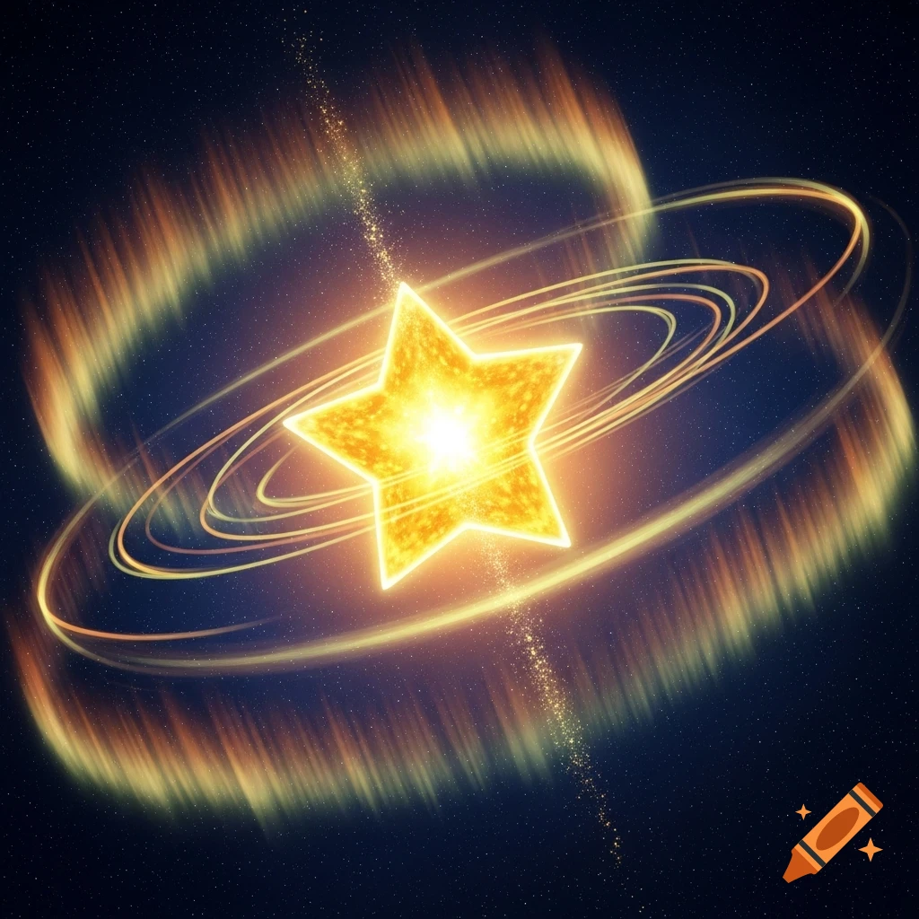 A vibrant golden star with radiating light and orbital rings against a dark, starry cosmic background.