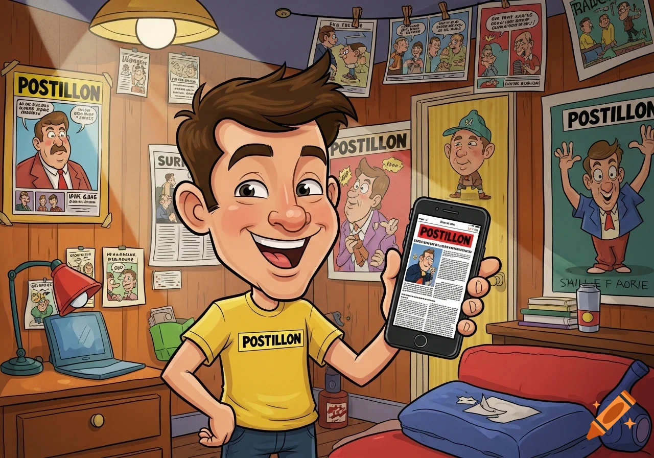 A cartoon boy in a yellow "POSTILLON" t-shirt smiles, holding a smartphone displaying an article with "POSTILLON" as the headline, in a room decorated with "POSTILLON" posters.