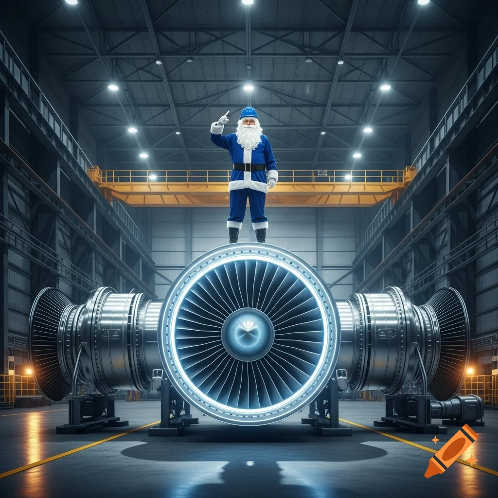 Photorealistic image of a Santa Claus in a blue uniform and hard hat standing on a large, glowing gas turbine in a vast industrial hangar.