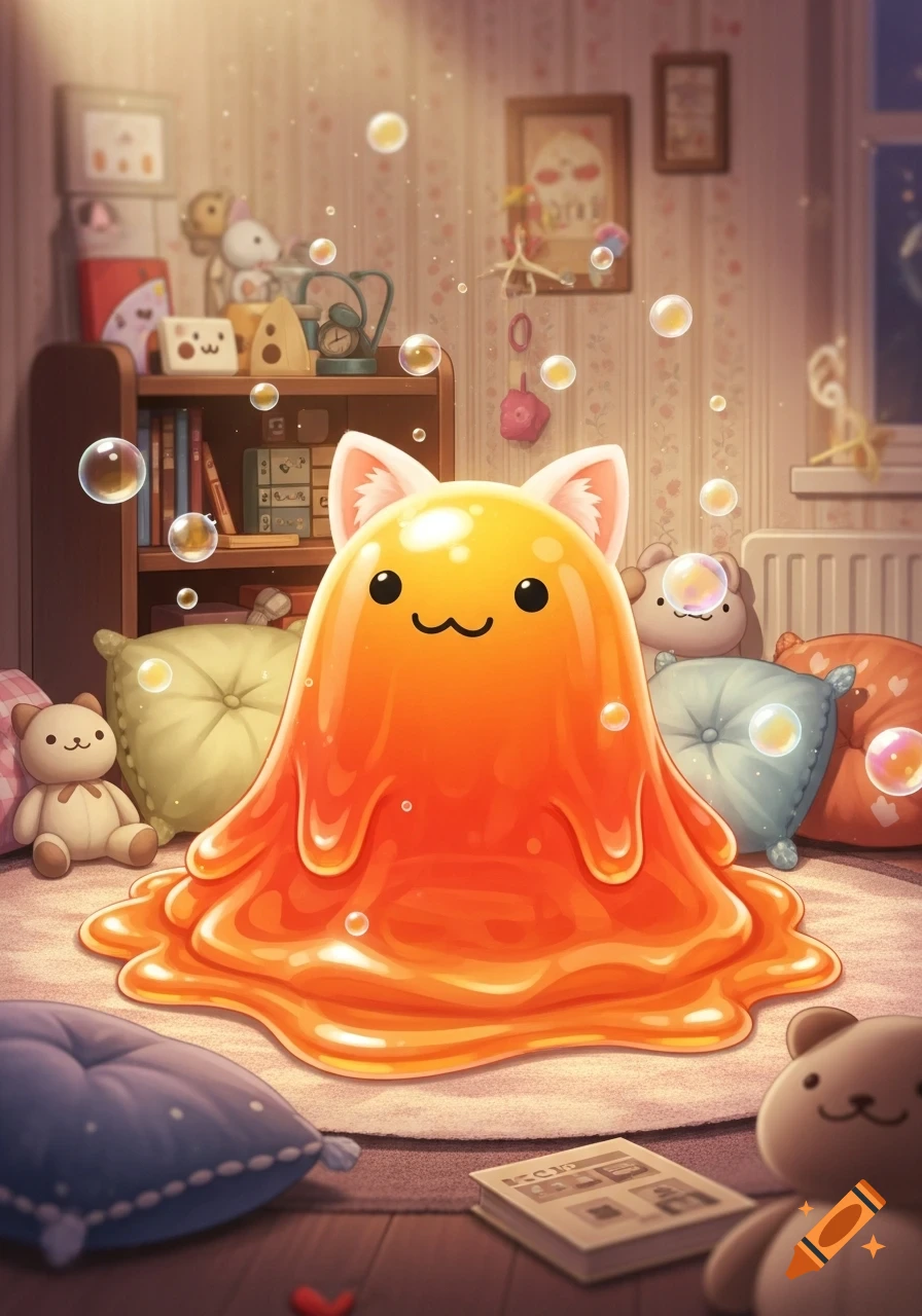A cute, smiling, gooey orange blob creature with cat ears sits on a rug amidst plush toys and pillows in a cozy, softly lit room, with bubbles floating around.