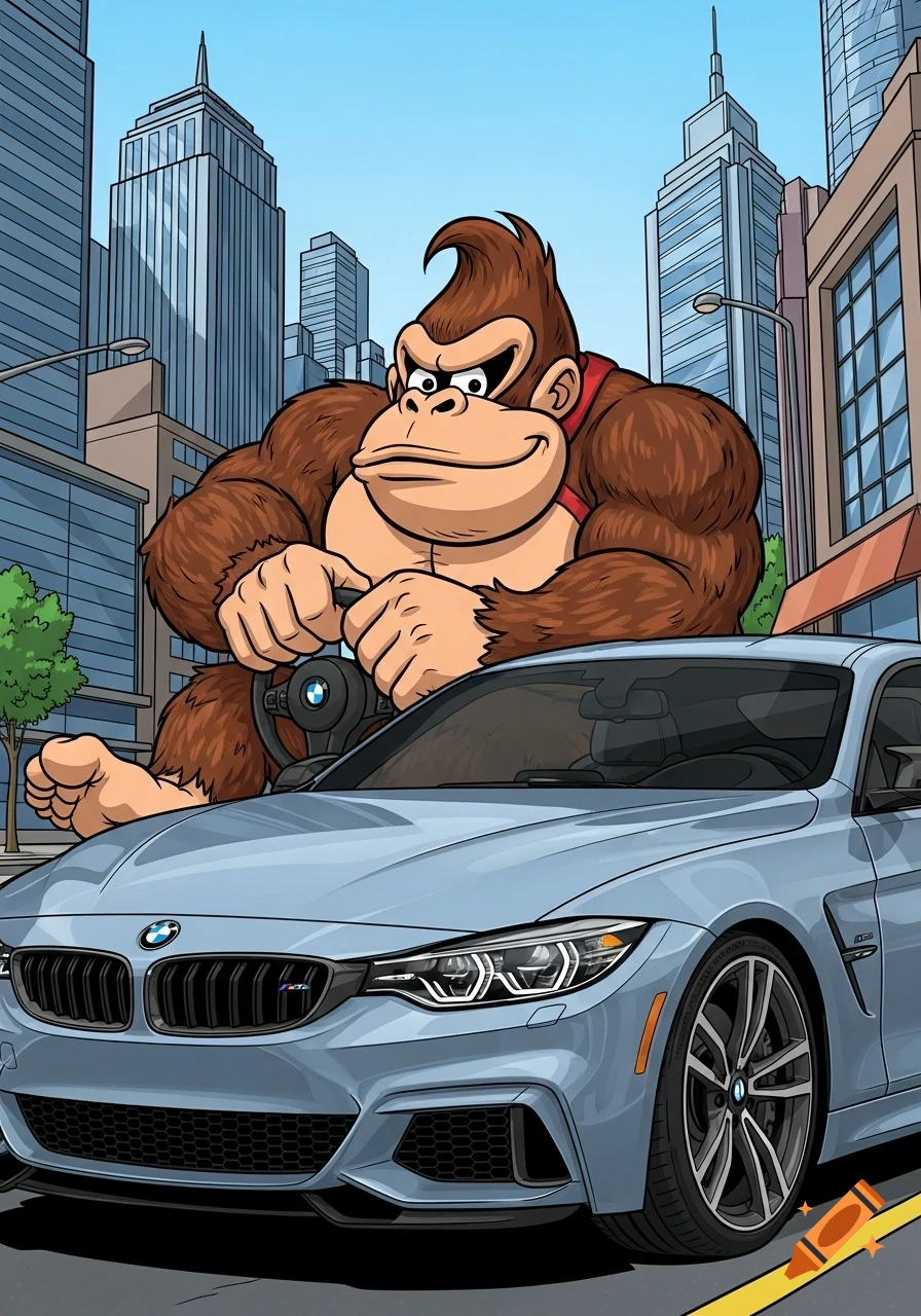 Comic art of a large, muscular Donkey Kong-like gorilla driving a modern light blue BMW sports car on a city street.