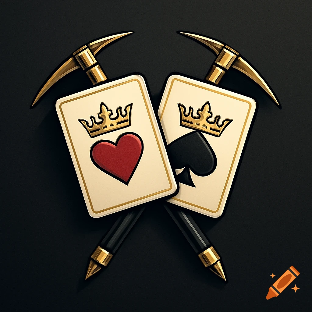 An emblem featuring two gold-crowned playing cards, a red heart and black spade, crossed over two gold-tipped black ice axes on a dark background.
