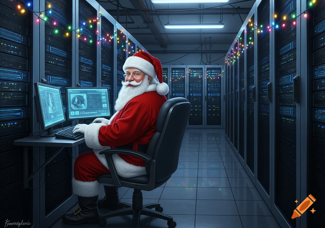 Santa Claus sits at a desk in a server room, cheerfully looking over his shoulder while working on computers adorned with Christmas lights.