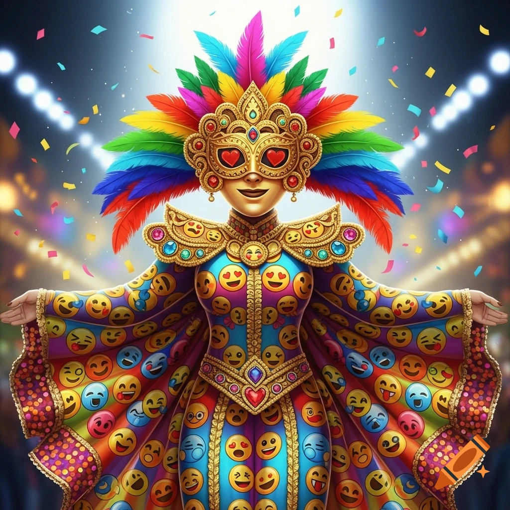 Vibrant carnival costume adorned with emojis, a golden mask, and colorful feathers, with confetti falling against a festive background.