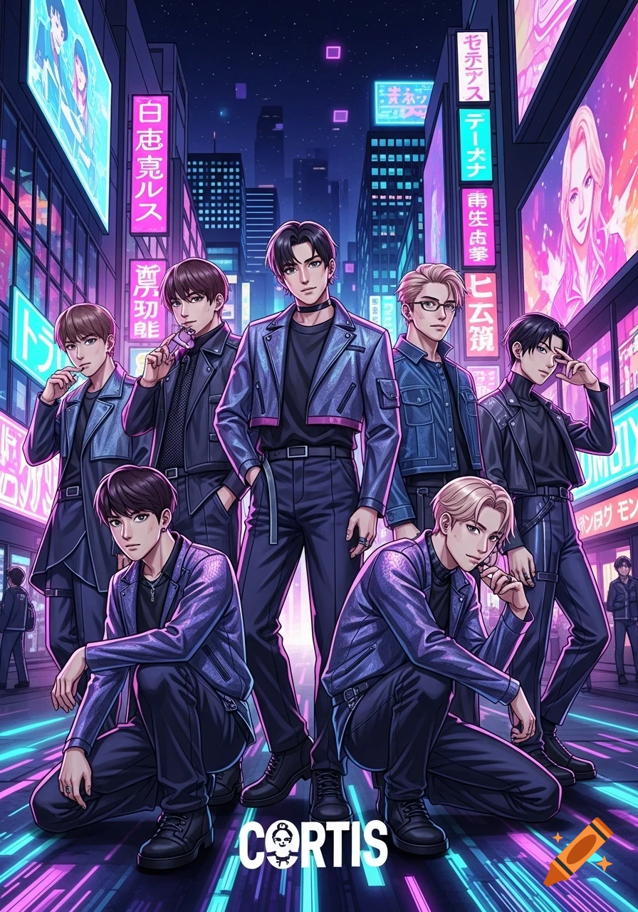 A stylized anime-style image of seven young men in modern fashion standing and crouching on a futuristic city street at night, illuminated by neon lights.