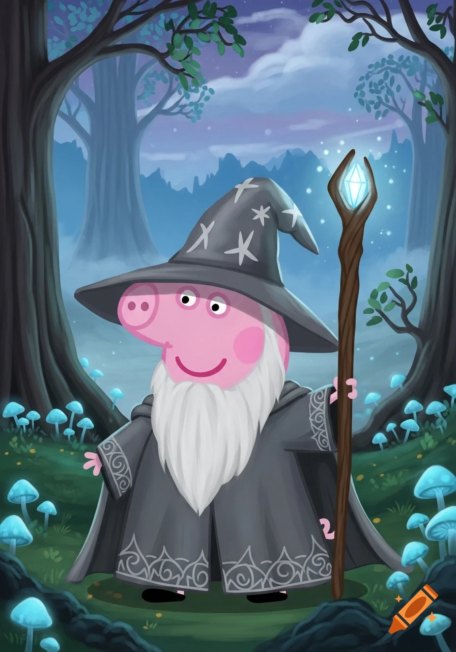 Cartoon Peppa Pig as a wizard, with a white beard, grey hat and robe, holding a glowing staff in a magical forest with blue mushrooms.