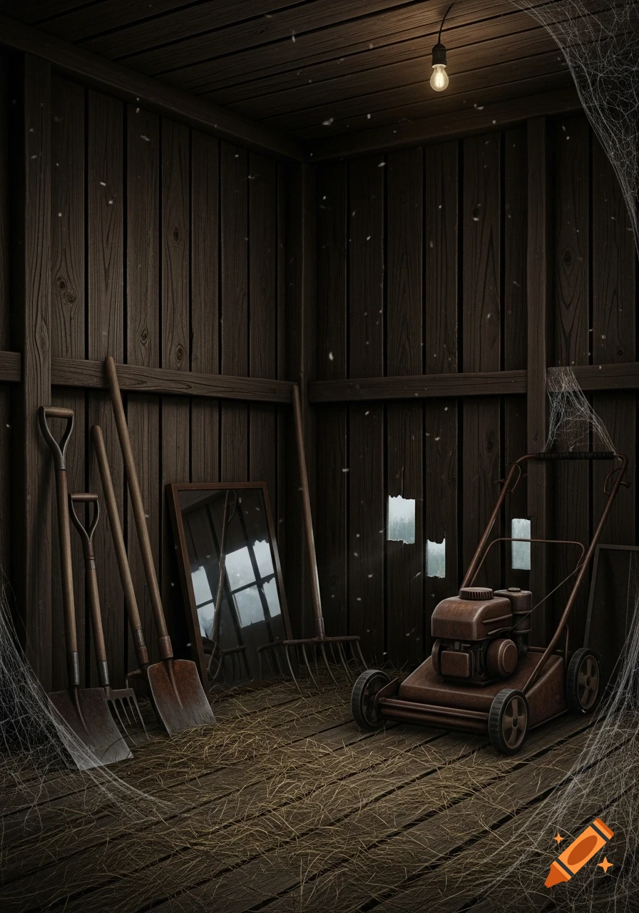 Dark, rustic interior of an old groundskeeper's shed with gardening tools, a rusty lawnmower, dried grass, and cobwebs.