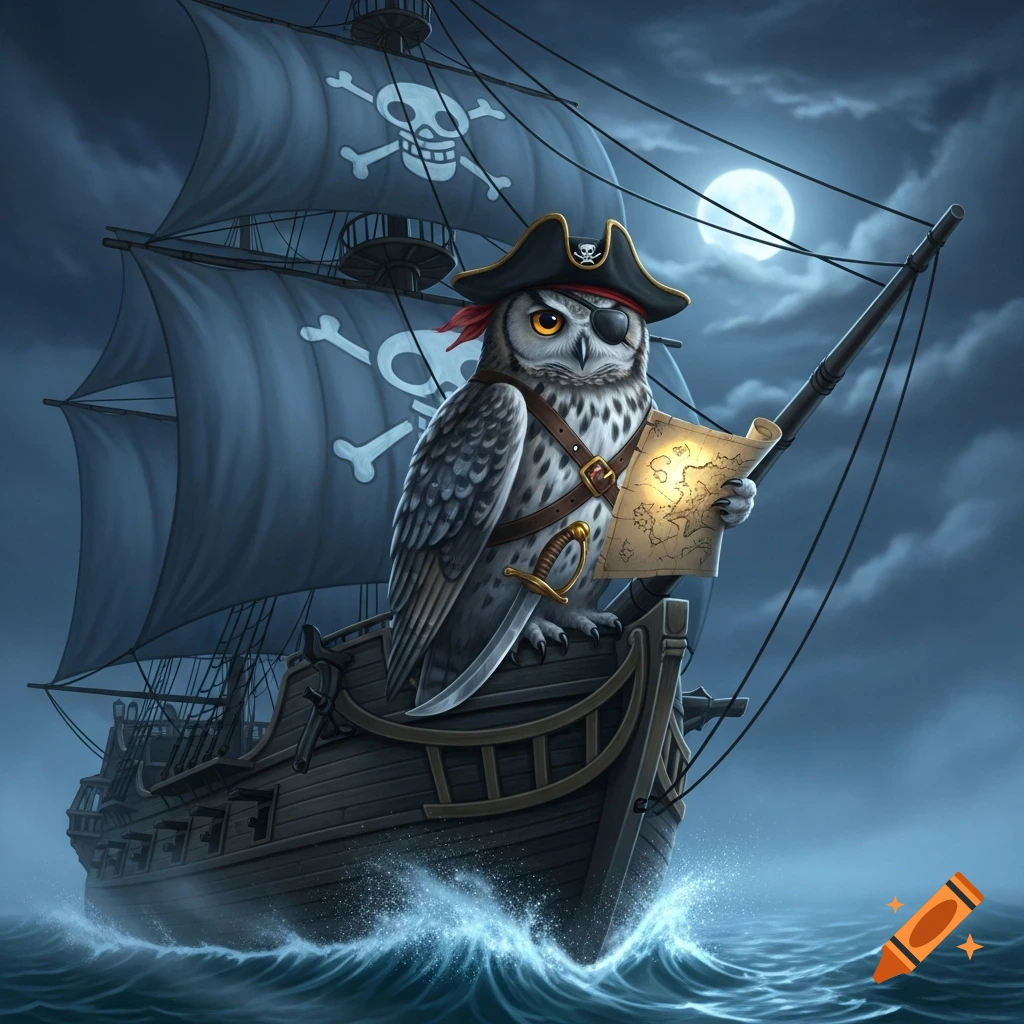 A majestic owl dressed as a pirate, complete with an eyepatch and tricorne hat, stands on the bow of a ship, holding a treasure map at sea under a full moon.