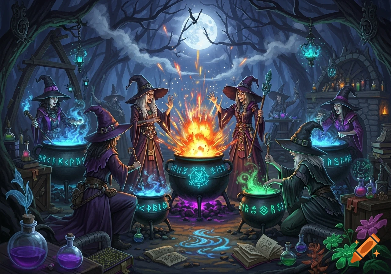 A detailed fantasy illustration of witches performing a ritual with bubbling cauldrons, one exploding with fire, under a full moon in a dark forest.