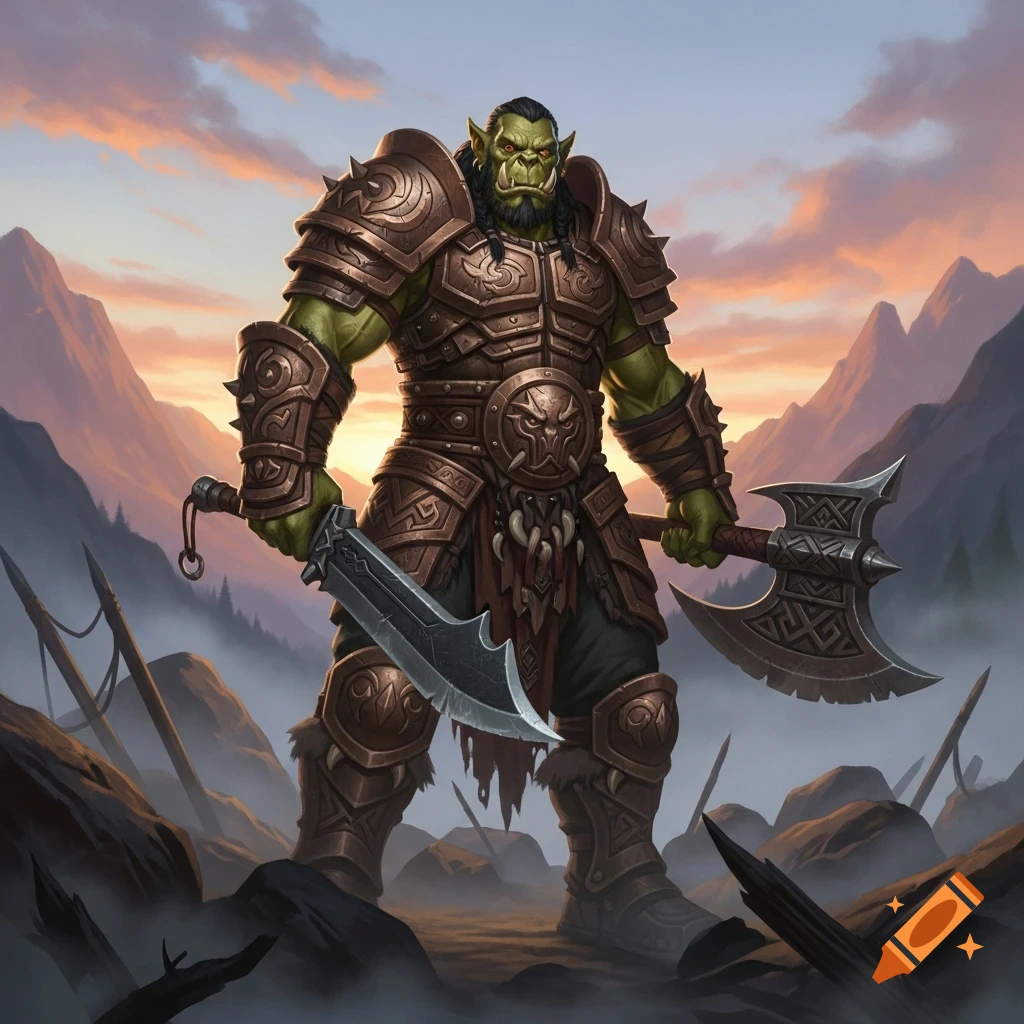 A formidable orc warrior stands armored, holding a sword and battle-axe, against a mountainous sunset backdrop.