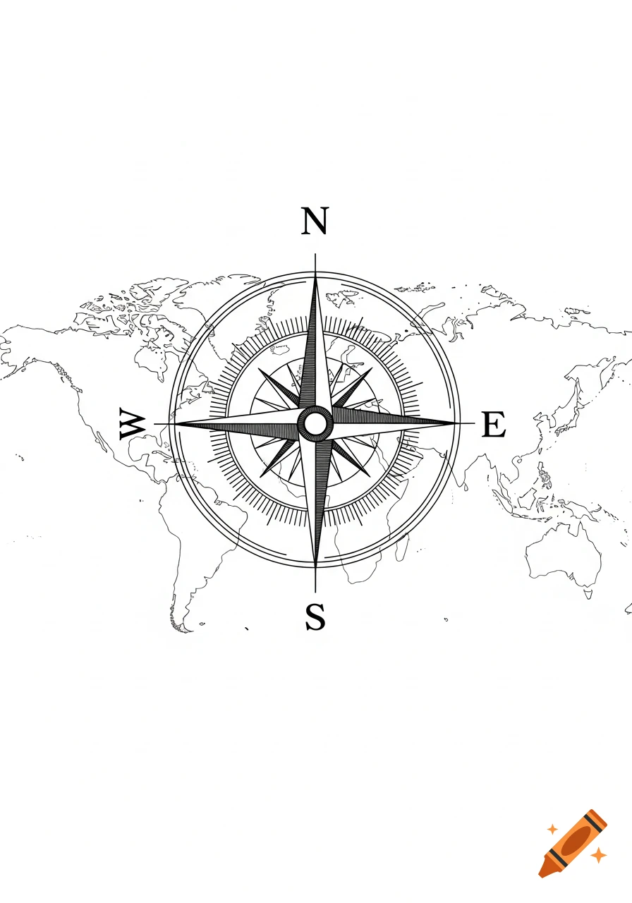 A black and white line drawing of a compass rose with N, S, E, W cardinal directions centered over a world map outline.