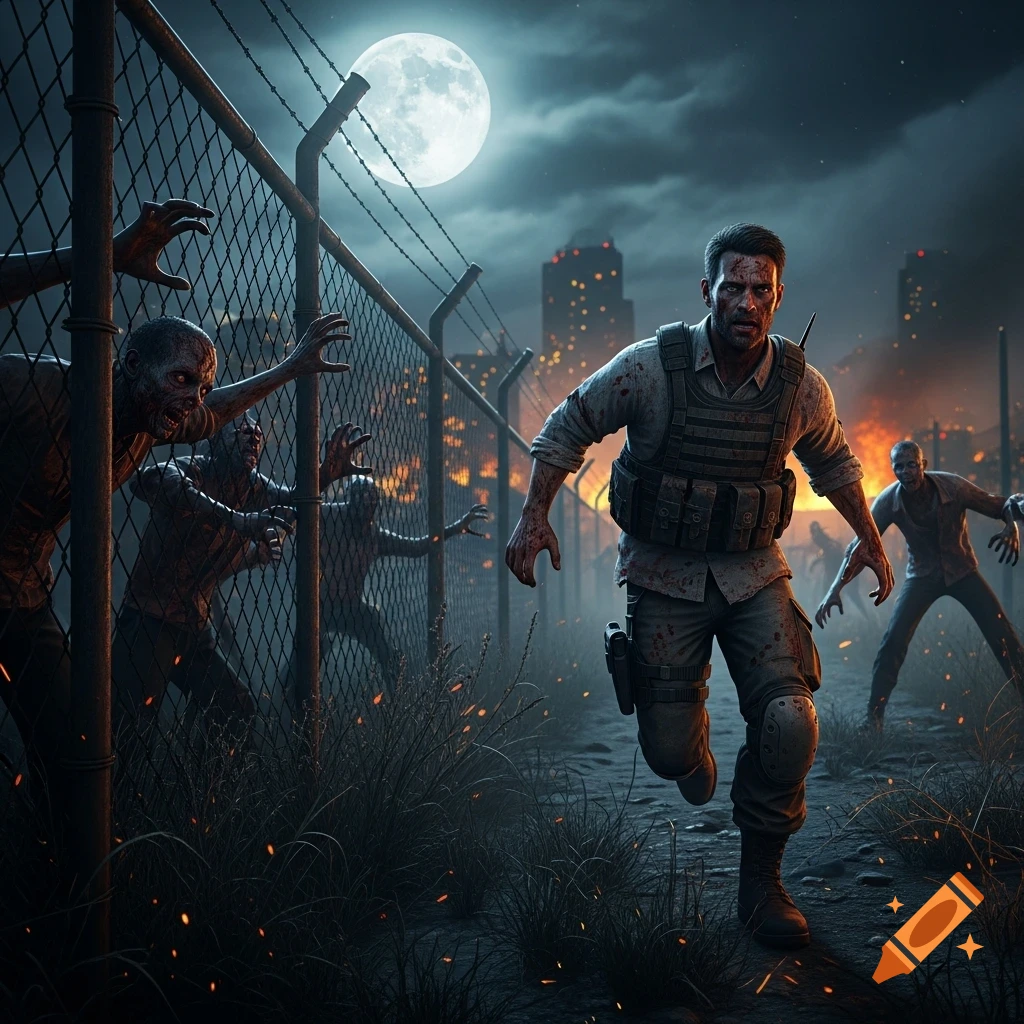 A photorealistic image of a soldier running from a horde of zombies through a destroyed city at night under a full moon.