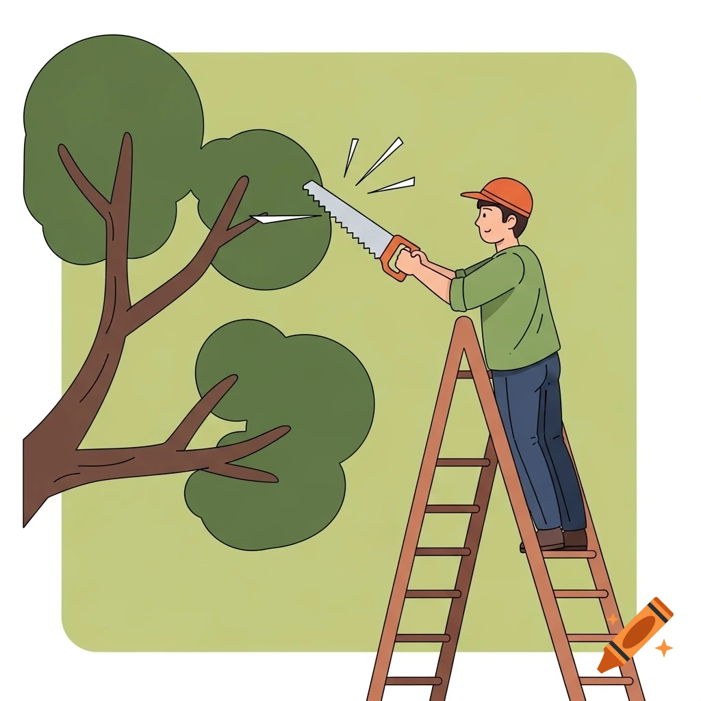 A cartoon illustration of a man on a ladder sawing a tree branch.