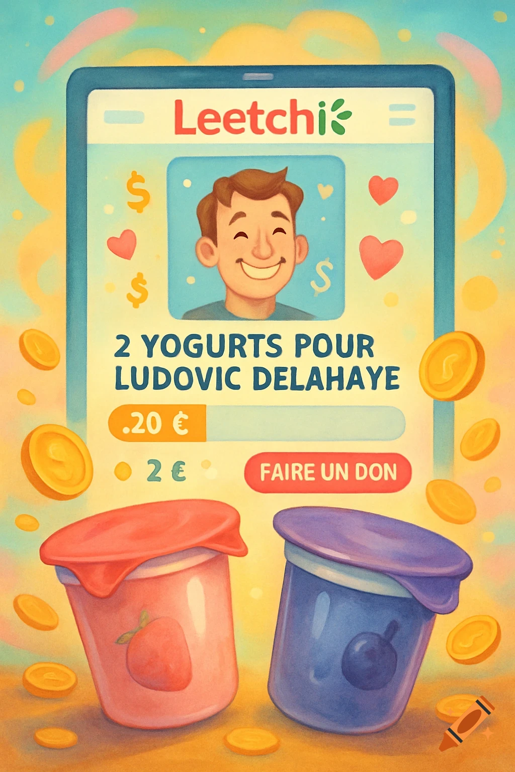 Digital illustration of a Leetchi crowdfunding app screen for "2 yogurts for Ludovic Delahaye", with yogurt pots and coins.
