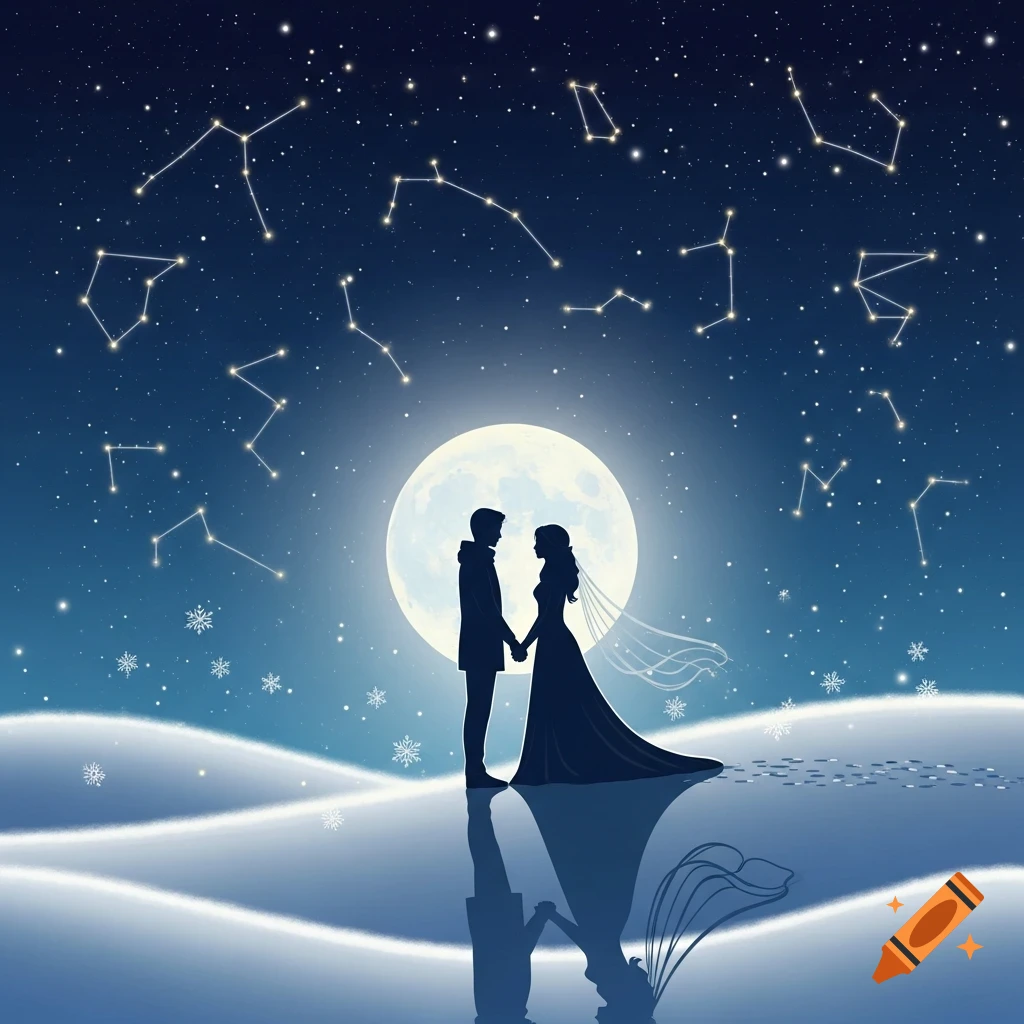Silhouettes of a couple holding hands on a moonlit, snowy hill under a starry winter sky with constellations.