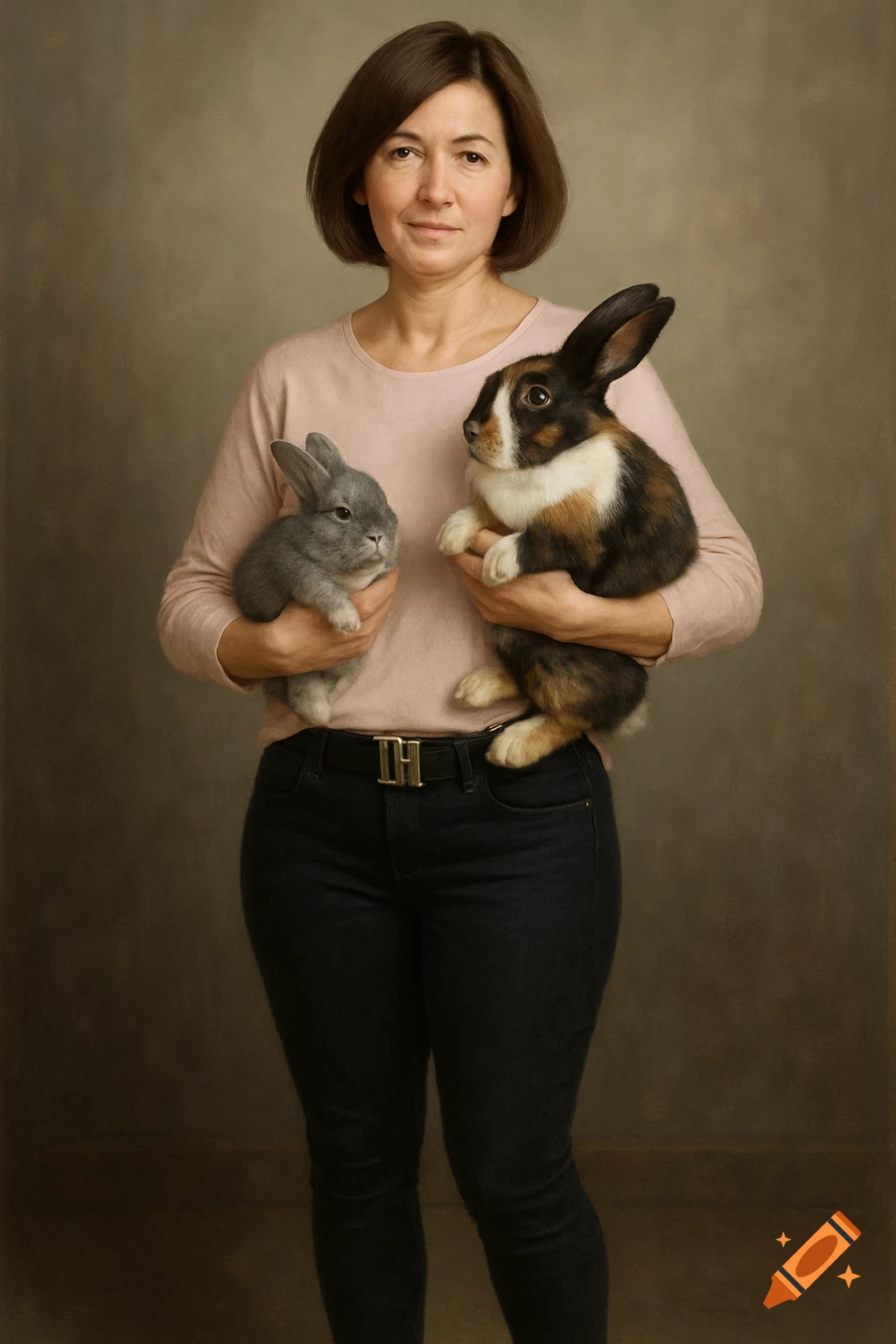 A woman with brown hair, wearing a pink shirt and black jeans, holds a small grey rabbit and a larger multi-colored rabbit in a photorealistic portrait.