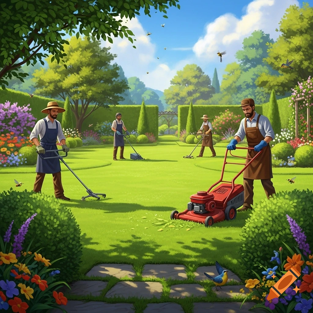 Four gardeners in aprons tend a vibrant green garden, mowing and trimming lawns under a blue sky, in a detailed, illustrative style.