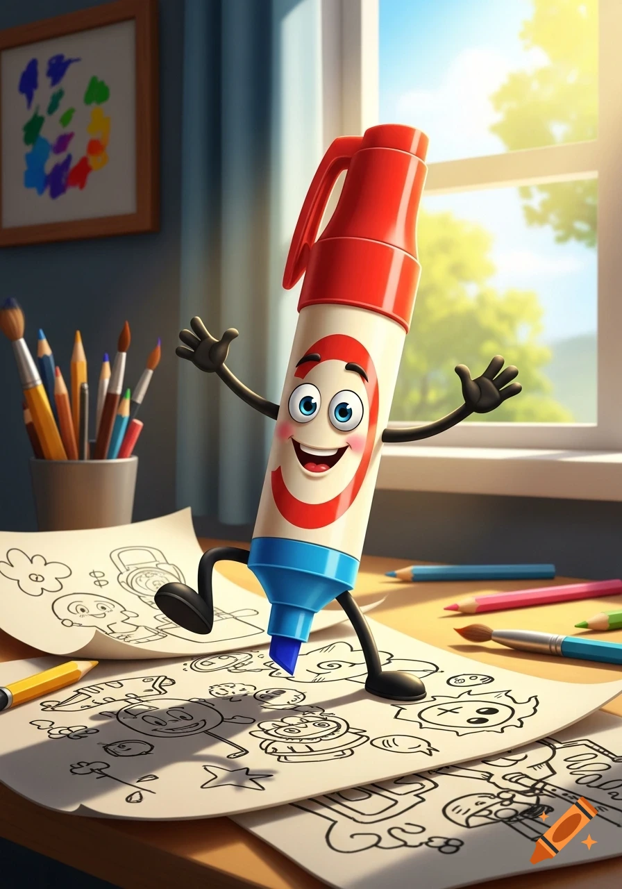 A happy cartoon marker character with arms and legs stands on a desk with drawings and art supplies, by a sunny window.