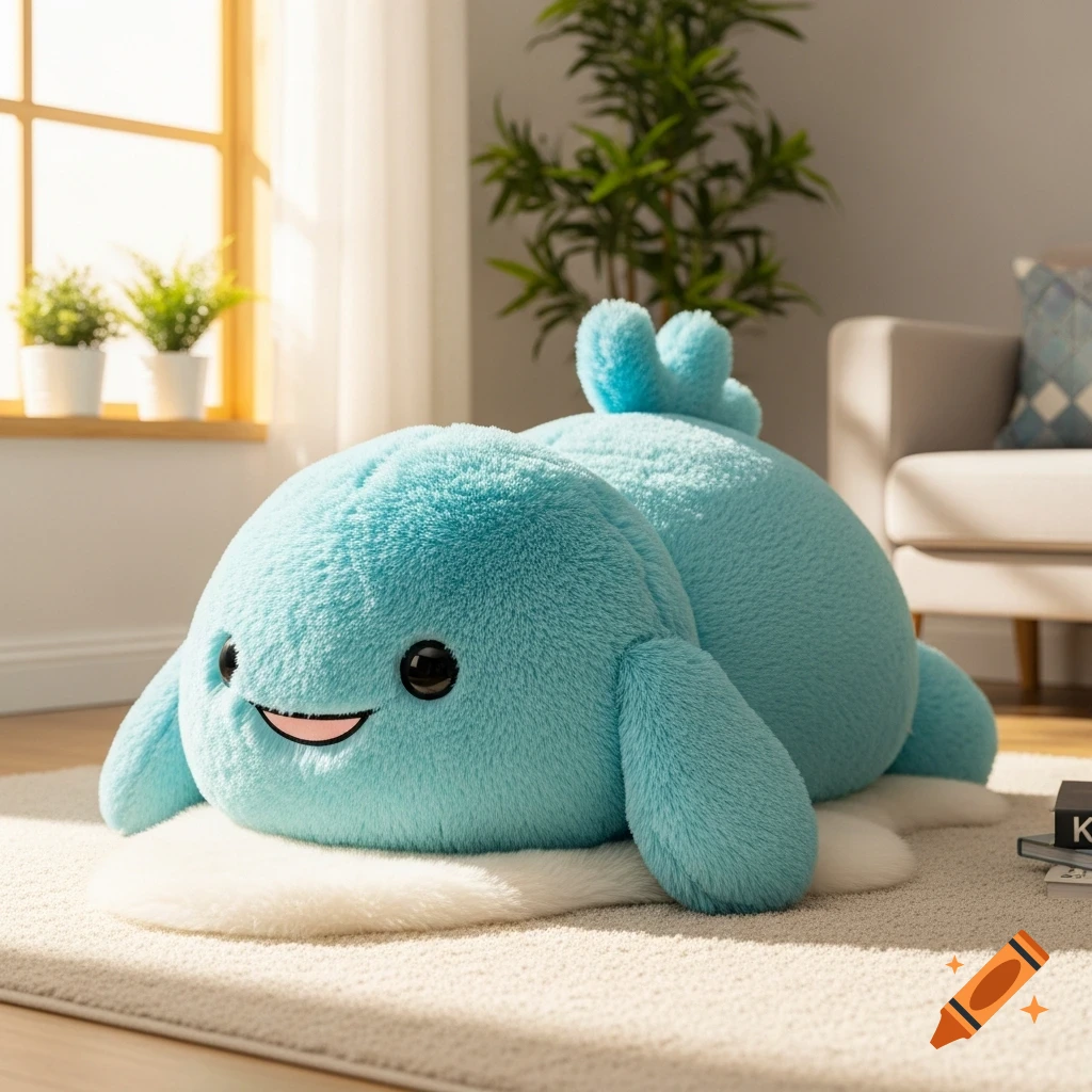 A large, smiling light blue plush whale toy lies on a fluffy white rug in a sunny living room.