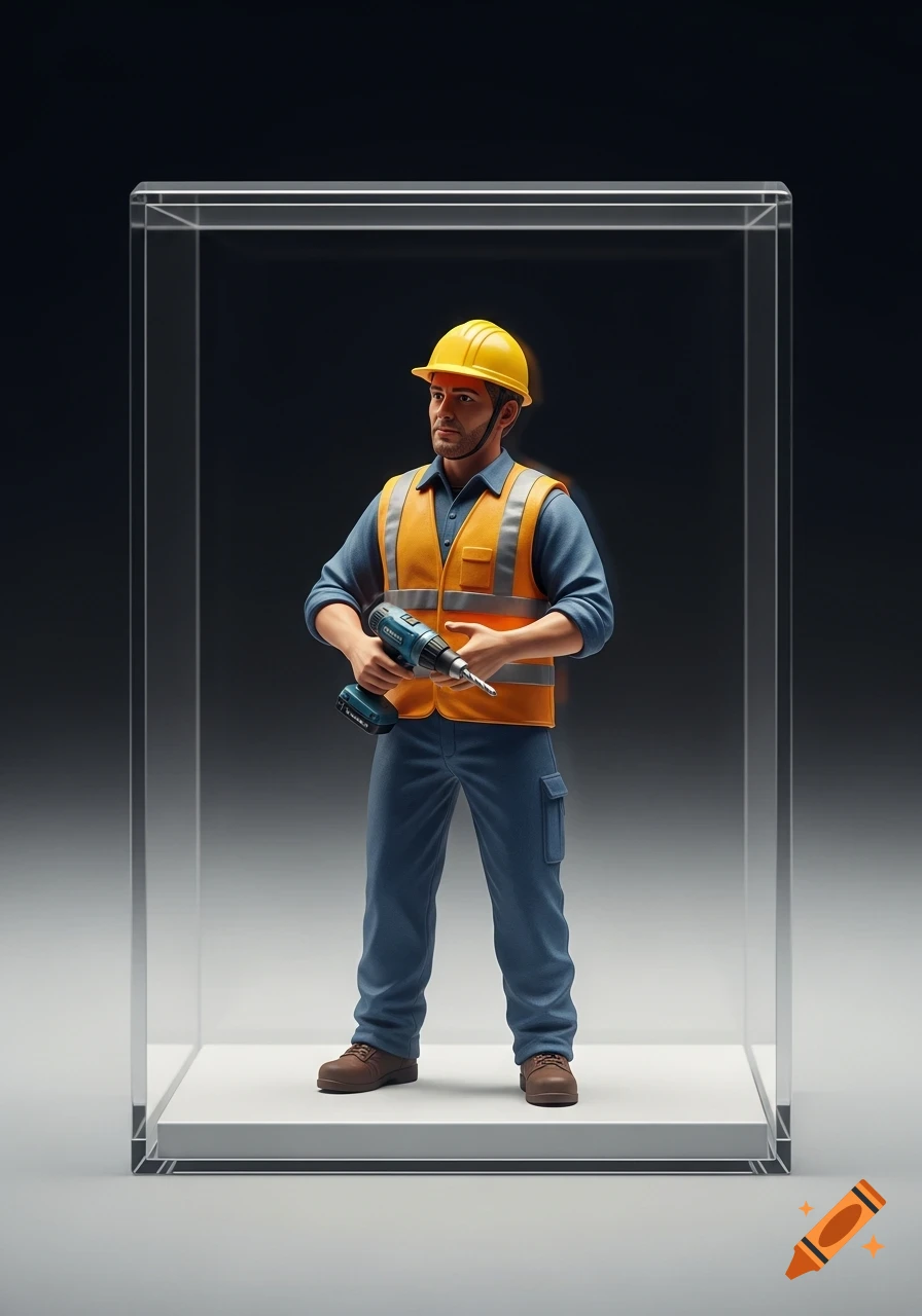 Photorealistic miniature construction worker figurine in a clear display box, wearing a yellow hard hat and reflective vest, holding a cordless drill.