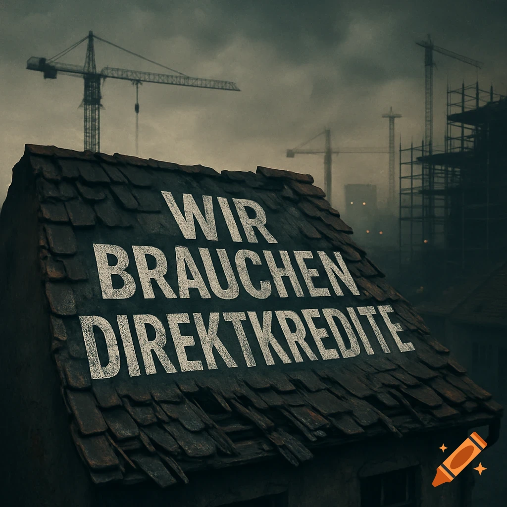 A dilapidated house roof with "WIR BRAUCHEN DIREKTKREDITE" written on it, against a dark, cloudy sky over a misty construction site.